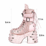 Pink Velvet Platform Ankle Boots – Studded Gothic Lace-Up Chunky Heels