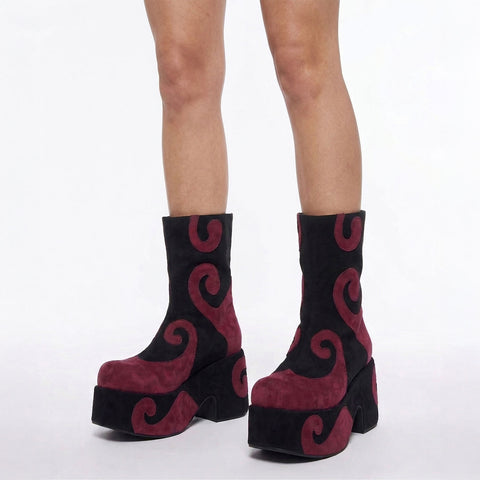Pink &amp; Black Swirl Platform Ankle Boots – Retro Punk Chunky Heel Boots
