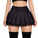 Black Pinstripe Pleated Mini Skirt with Lace Trim – Preppy A-Line Low Rise Skirt