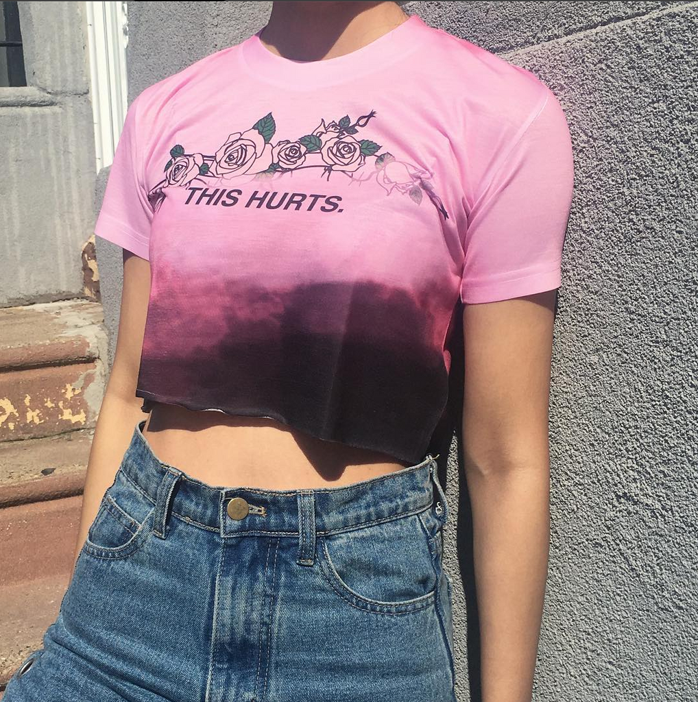 USED- THIS HURTS COLLECTION- PINK BLACK CROP TOP -MADE IN USA (SWEATSHOP-FREE)