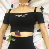 USED- TWO MOODS COLLECTION- PINK BLACK ROSE Crop Top