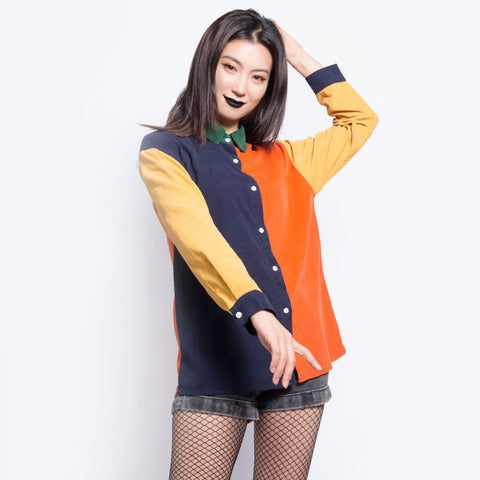 90S kids color block tumblr art hoe button up shirt
