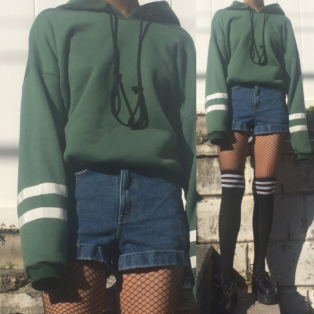 90S VINTAGE GRUNGE GREEN HOODIE-TWO WHITE SRIPED