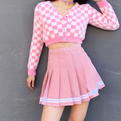 90S BABE PINK CHECKER FUZZY Cardigan SKIRT OUTFIT