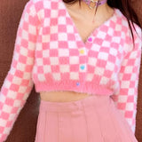 90S BABE PINK CHECKER FUZZY Cardigan SKIRT OUTFIT