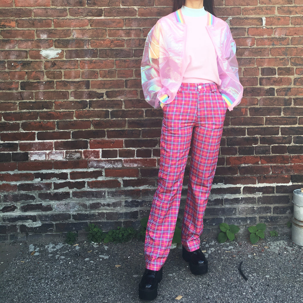 New 90s Grunge Hot Pink Plaid High Waist Trousers Kokopiecoco