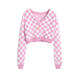 (FREE SAMPLE ITEM WITH FREE SHIPPING FROM KOKO )  90S BABE PINK CHECKER FUZZY Cardigan SKIRT OUTFIT