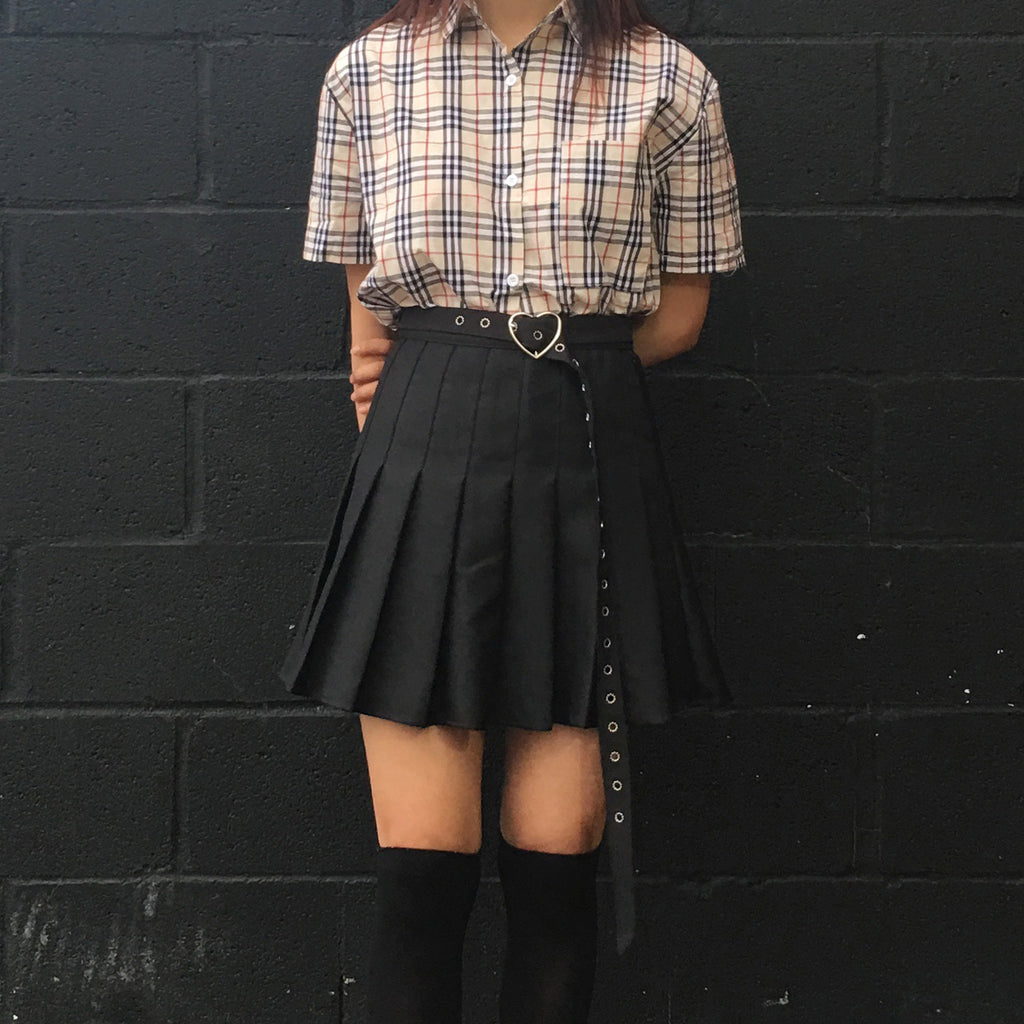 2018 Soft Grunge Plaid top + Kawaii Goth-heart belt skirt