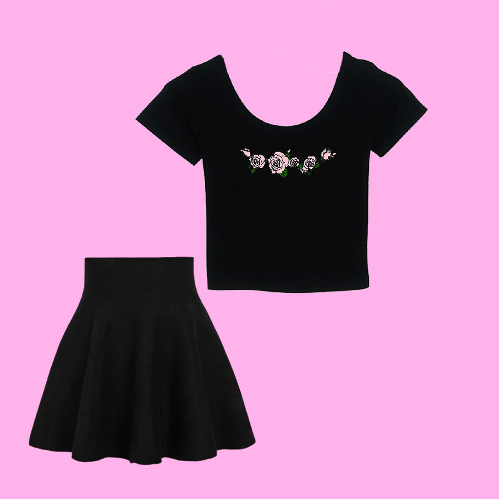 TWO MOODS COLLECTION- PINK BLACK ROSE Crop Top & Skirt SET - PREORDER