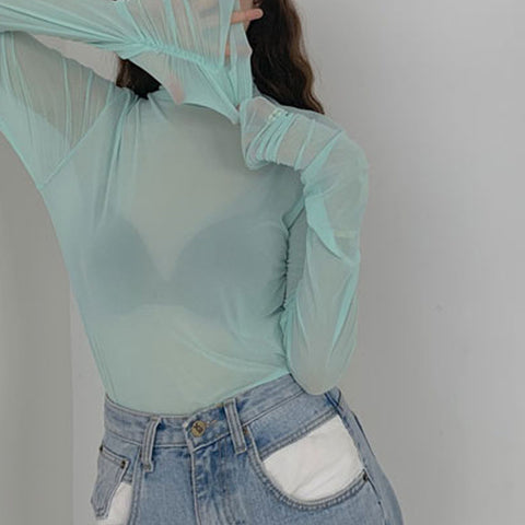2020 SHEER PASTEL LONG SLEEVE MOCK NECK TOP