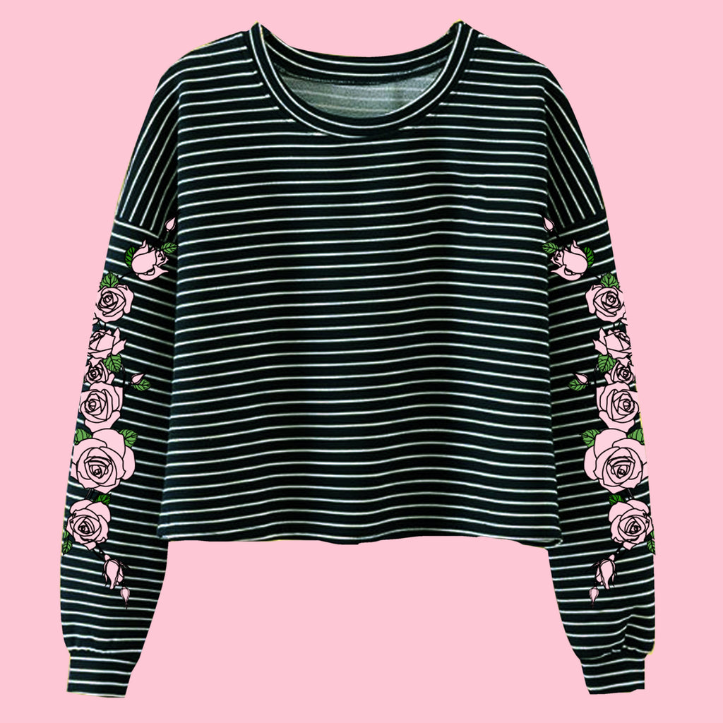 TWO MOODS COLLECTION- PINK BLACK  -NEW PINK ROSE STRIPED LONG SLEEVE CROPTOP