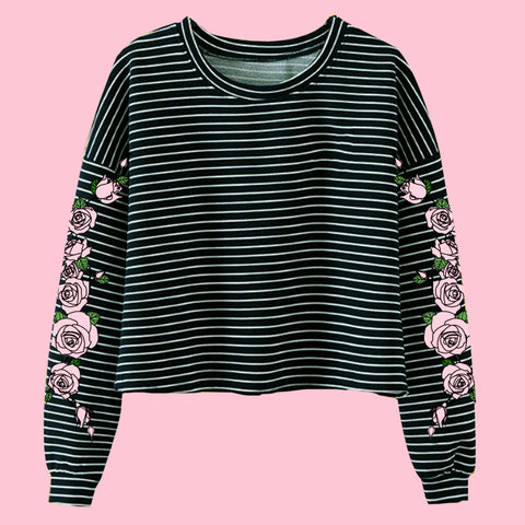 TWO MOODS COLLECTION- PINK BLACK  -NEW PINK ROSE STRIPED LONG SLEEVE CROPTOP